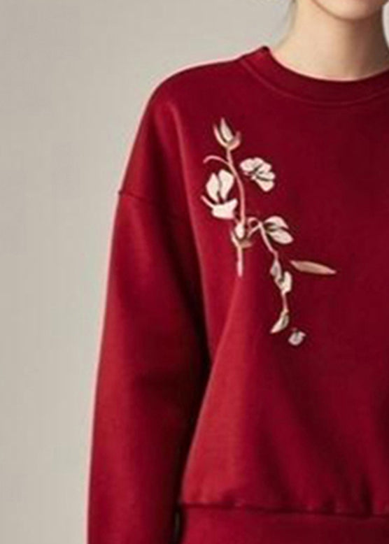 Red Patchwork Print Fall Sweatshirts Top