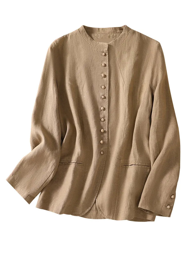 White O-neck Button Coats Long Sleeve
