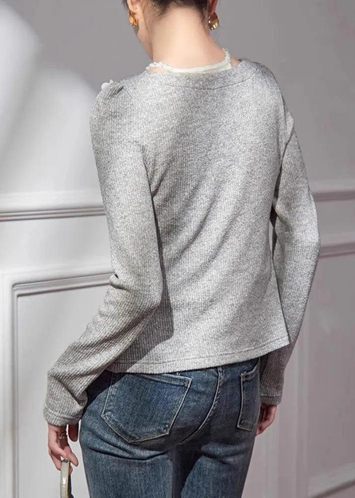 Grey V Neck Cotton Knit Cardigans Fall