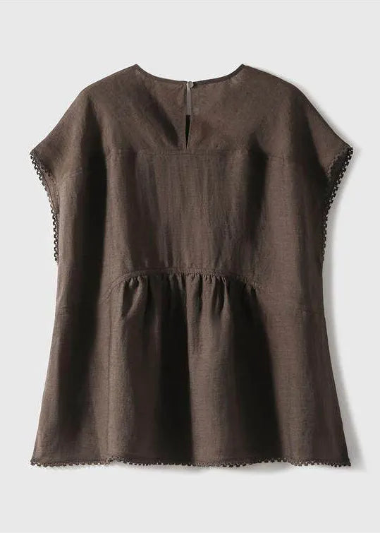 Art Brown Oversized Patchwork Wrinkled Linen Tank Tops Summer