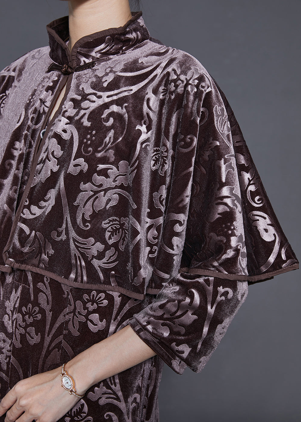 Chocolate Jacquard Silk Velvet Long Dress Two Piece Set Fall