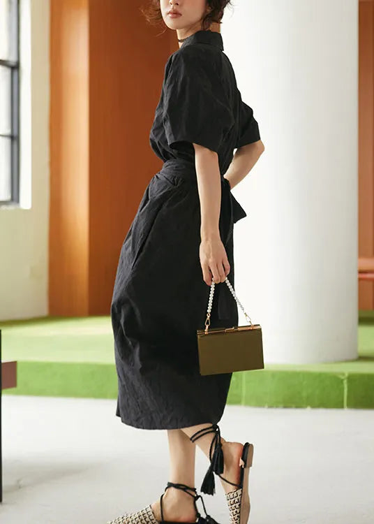 Black Peter Pan Collar Lace Up Cotton Dresses Summer