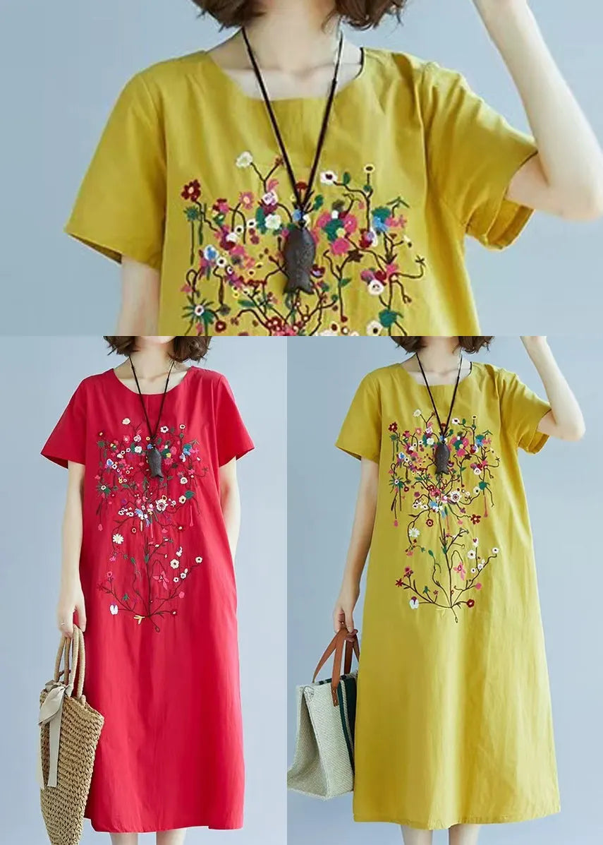 Art Red Embroidered Linen Holiday Dress Summer