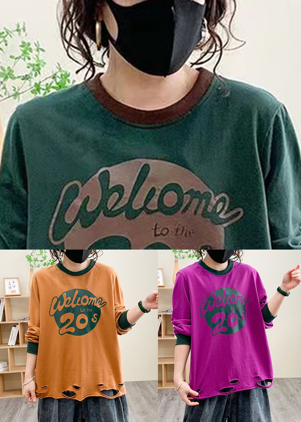 Purple Hole Print Cotton Tops Long Sleeve