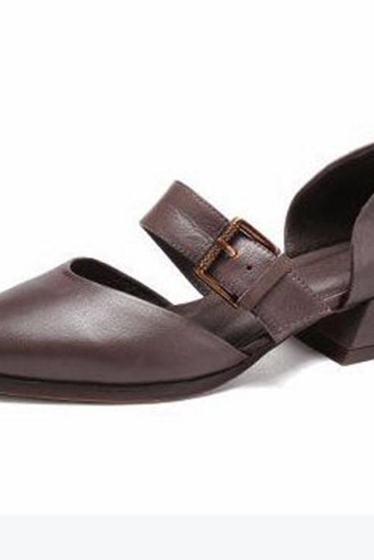Summer Leather Mid Heels Coffee Sandals Shoes
