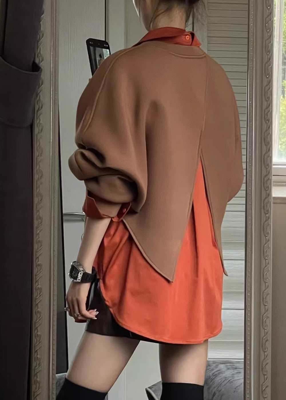 Coffee Peter Pan Collar Sweatshirt and Shirts Two Piece Set Spring