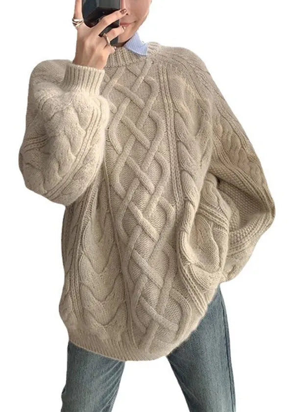 Apricot O Neck Thick Cotton Knit Sweater Fall