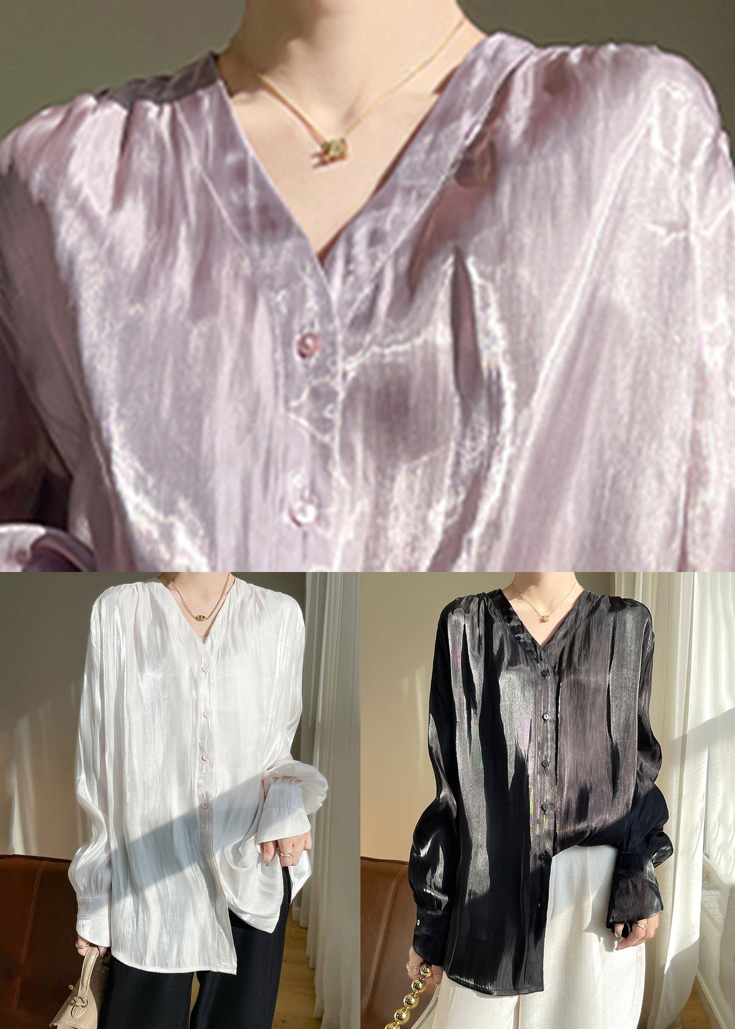 Loose Purple V Neck Silk Shirt Long Sleeve