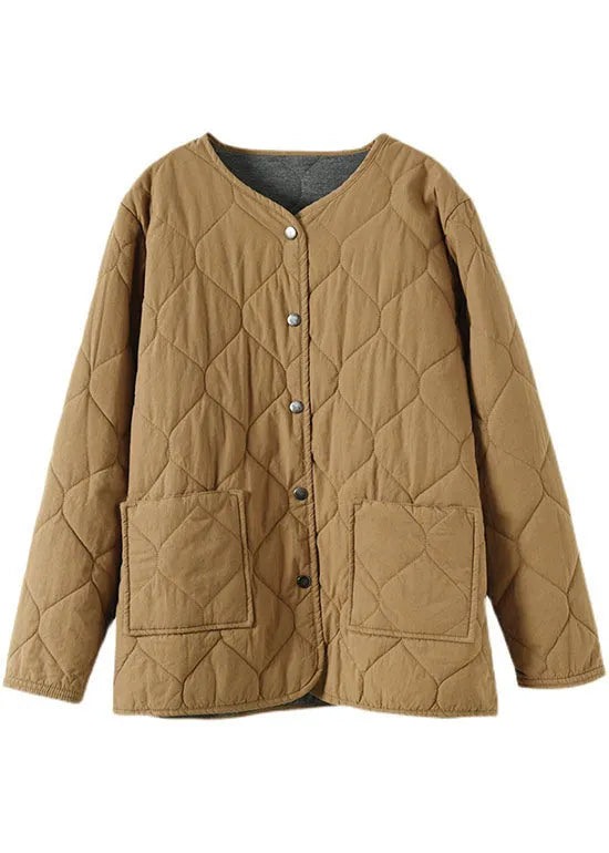 Hot Khaki O-neck Pockets Button Winter Coats Parkas