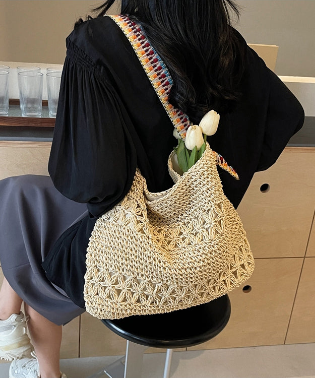 Beige Hollow Out Knit Holiday Shoulder Bags