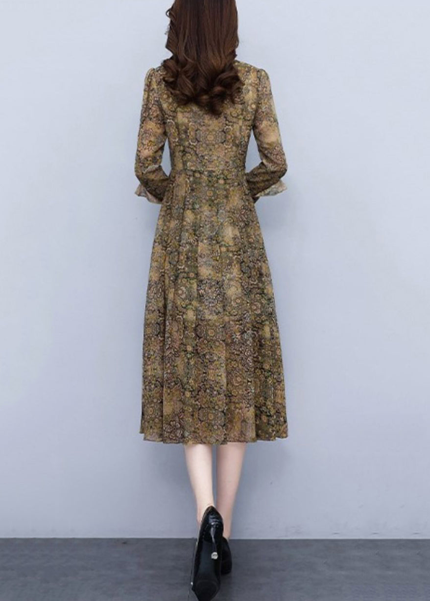 Ruffled Print High Waist Chiffon Dress Long Sleeve