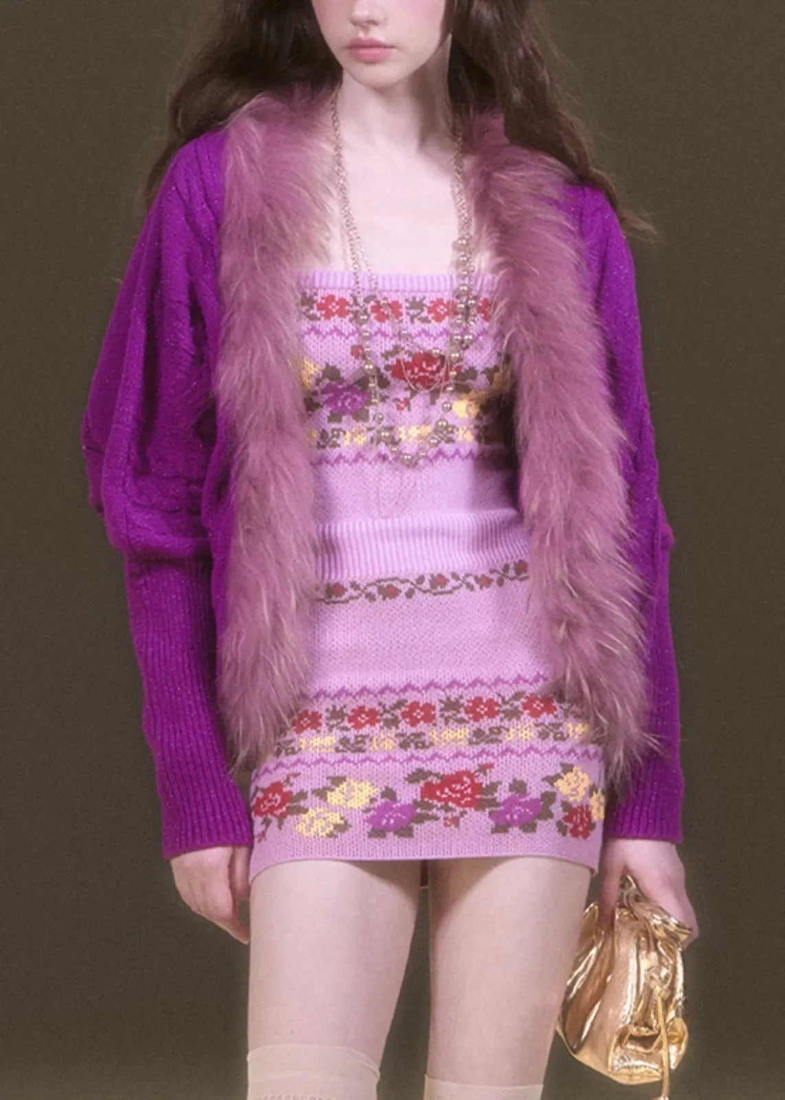 Purple Fur Collar Patchwork Cotton Knit Cardigans Lantern Sleeve