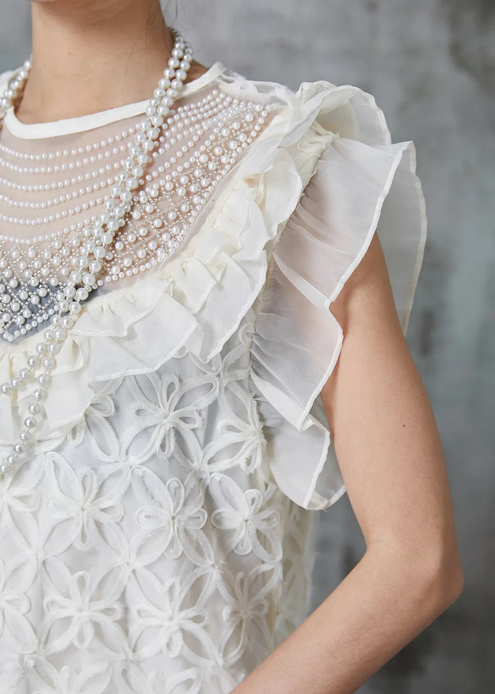French White Stereoscopic Nail Bead Tulle Mid Dress Summer