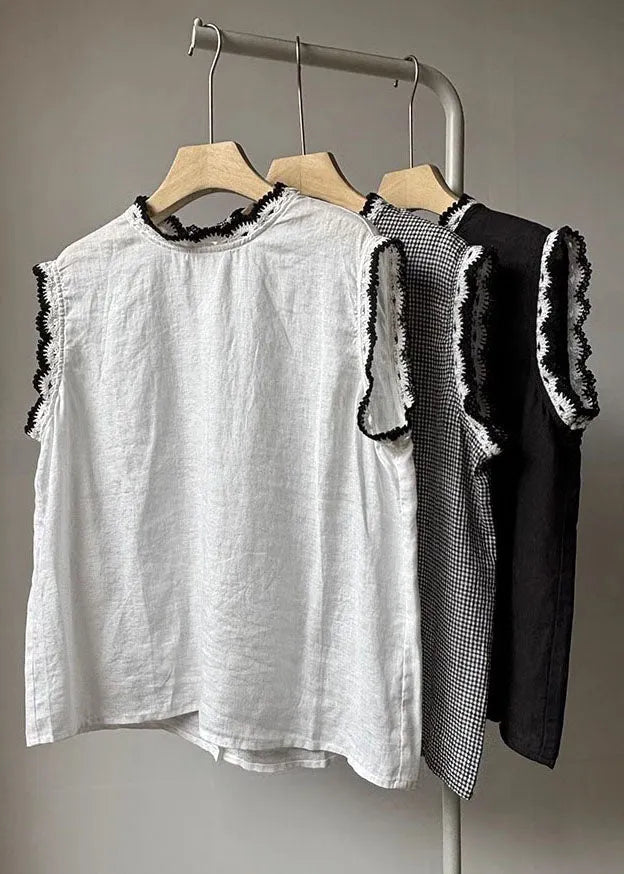 Back Button Down Patchwork Lace Linen Tops Sleeveless