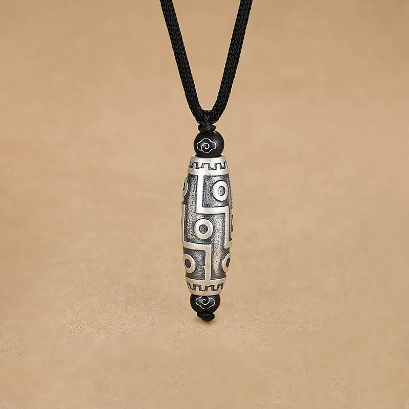 Buddha Stones Tibet Nine-eye Dzi Bead Pattern Copper Auspicious Clouds Wealth Necklace Pendant