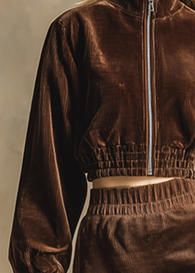 Boutique Chocolate Zip Up Tops and Skirts Cotton Two Pieces Set Fall