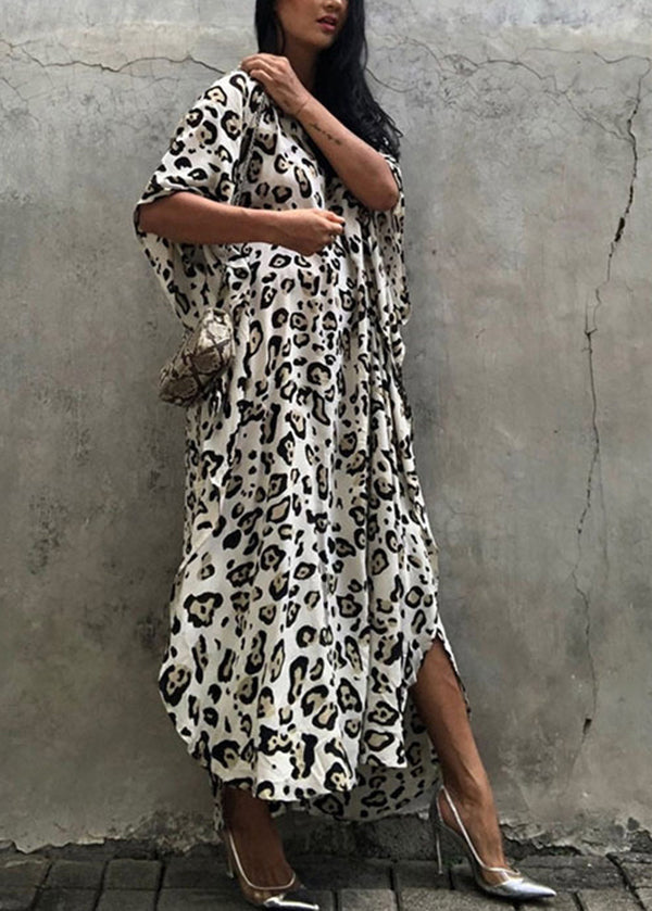 Loose Leopard V Neck Print Side Open Cotton Long Dress Summer