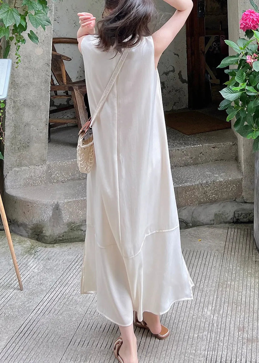 White O-neck Side Open Silk Long Dress Sleeveless