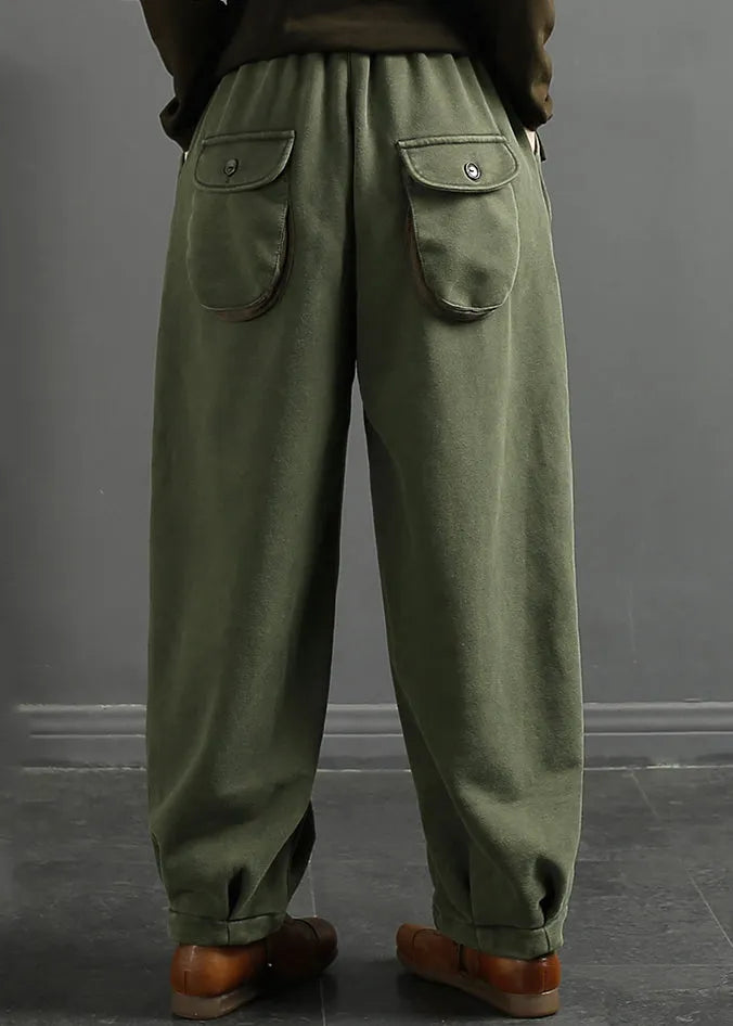 Coffee Pockets Elastic Waist Thick Warm Fleece Pants Winter