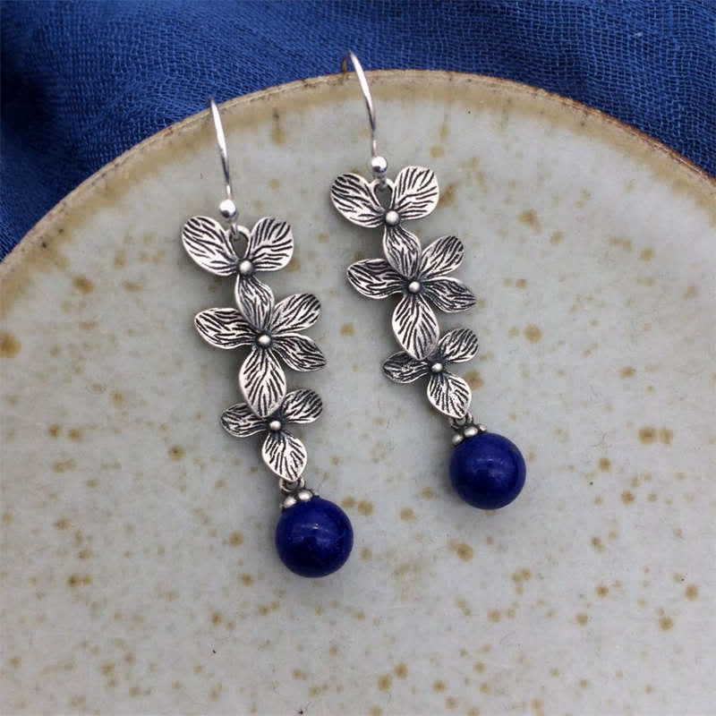 Buddha Stones 925 Sterling Silver Turquoise Lazurite Lapis Lazuli Flower Leaf Serenity Protection Hook Drop Dangle Earrings