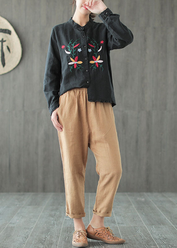 Boutique Black Stand Collar Embroidered Ruffled Low High Design Linen Shirt Long Sleeve