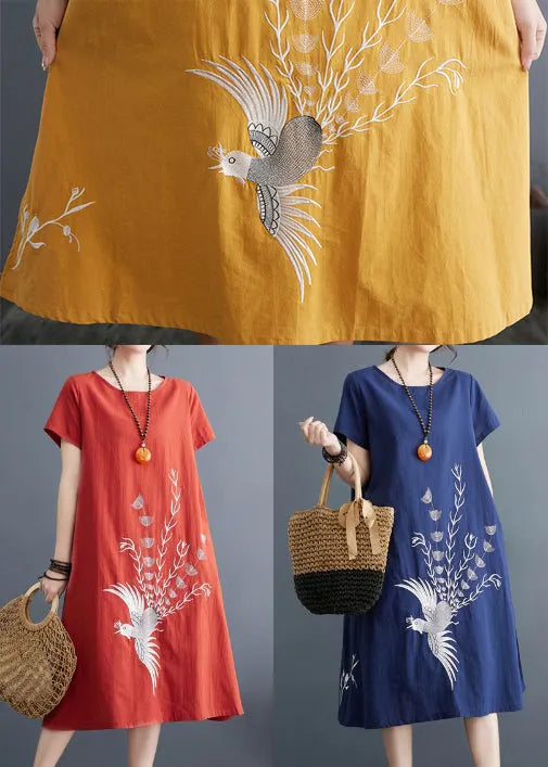 Boutique Navy Phoenix Embroidered Linen Dress Summer