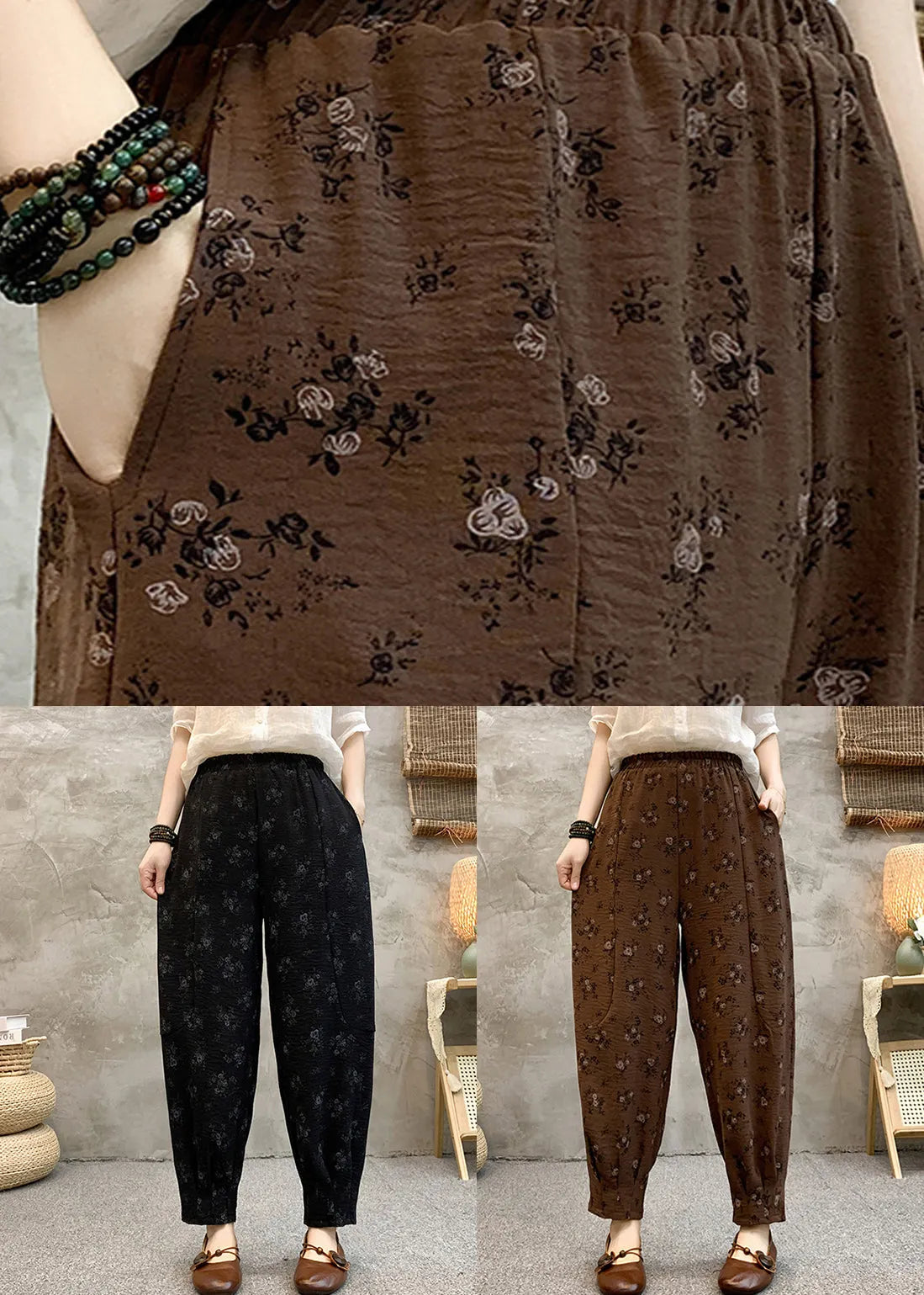 Black Print Elastic Waist Cotton Crop Pants Summer