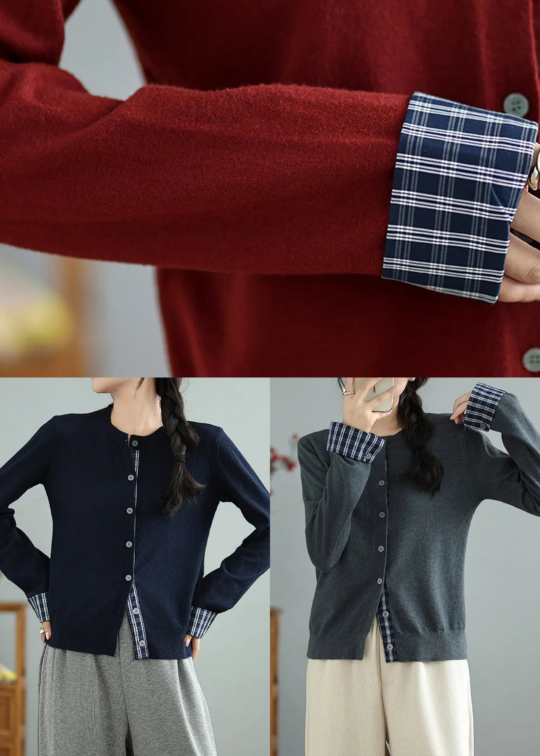 Handmade Grey O-neck Patchwork Knit Cardigans Spring