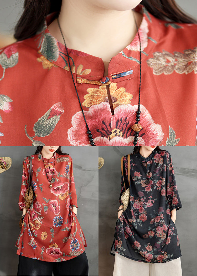 Retro Black Stand Collar Print Side Open Linen Shirts Dress Summer