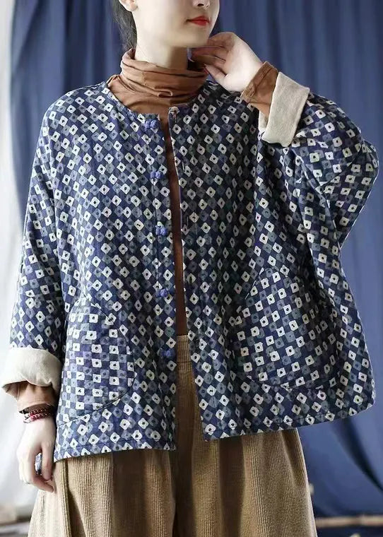 Blue Oversized Print Linen Coat Spring