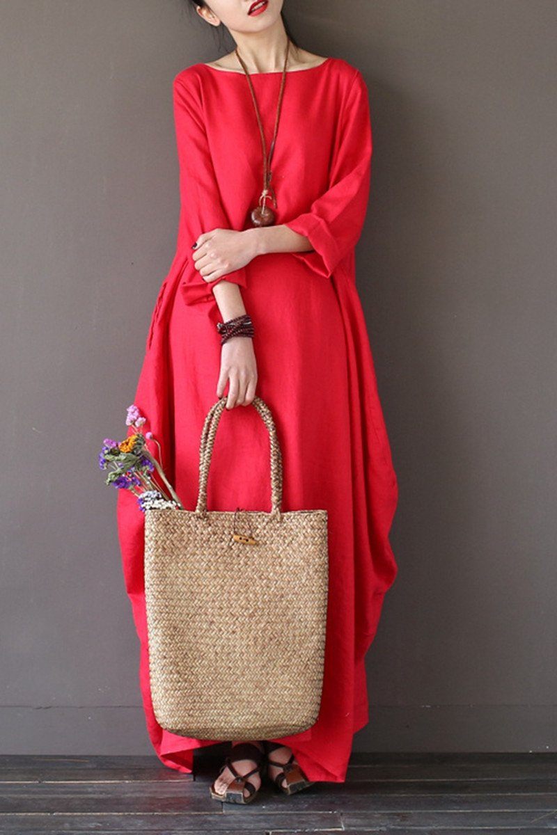 Red Bat Sleeve Causel Long Dress Oversize Outfits