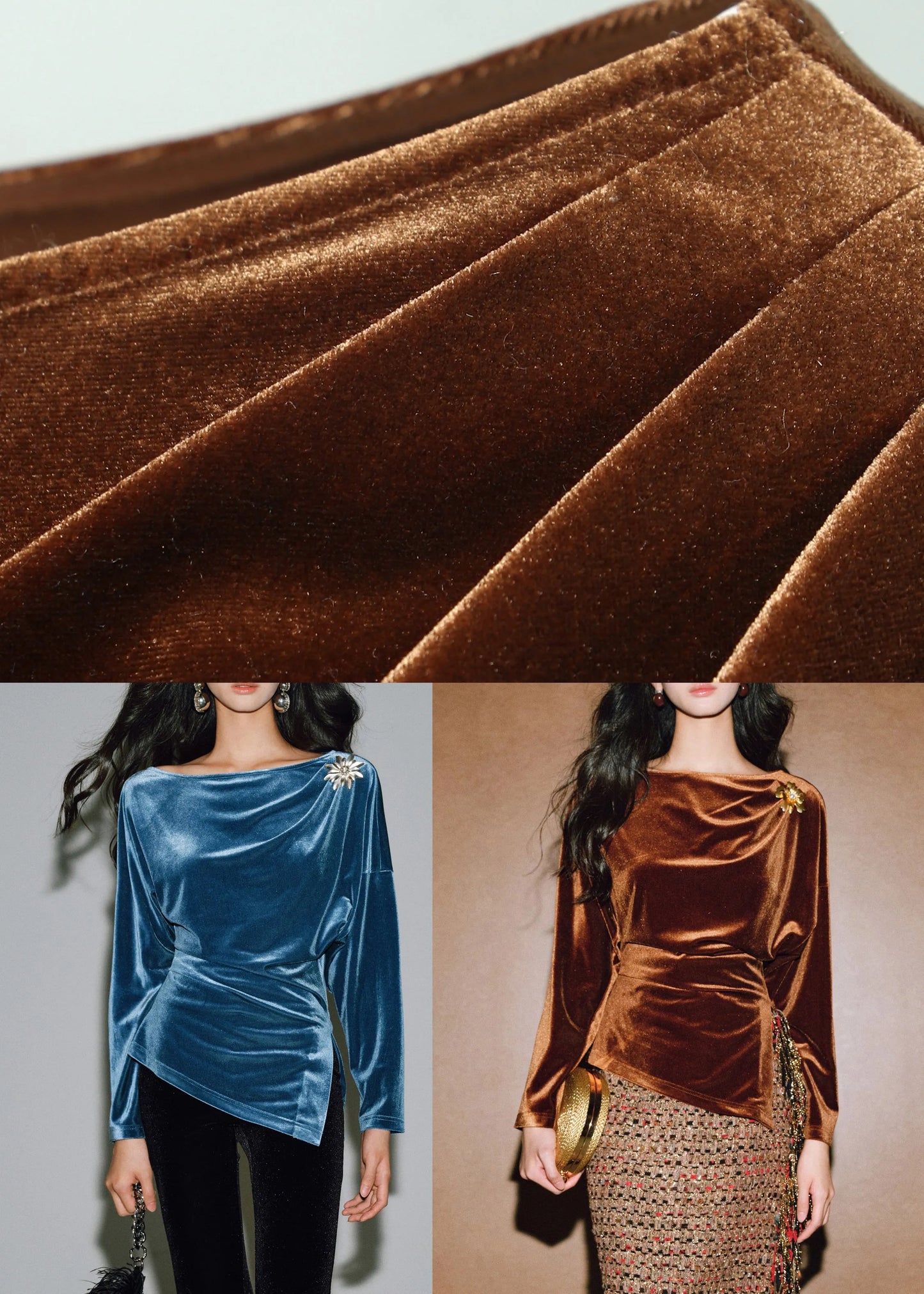 Peacock Blue O-neck Asymmetrical Silk Velour Tops Long Sleeve