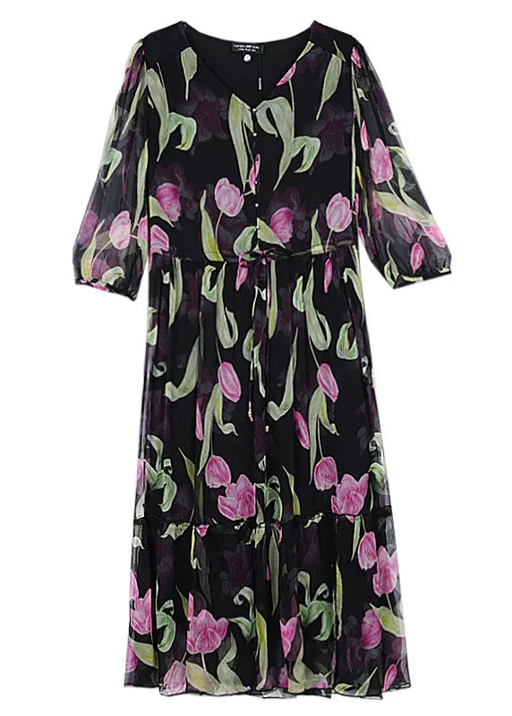 Black V Neck Print Drawstring Chiffon Dress Summer