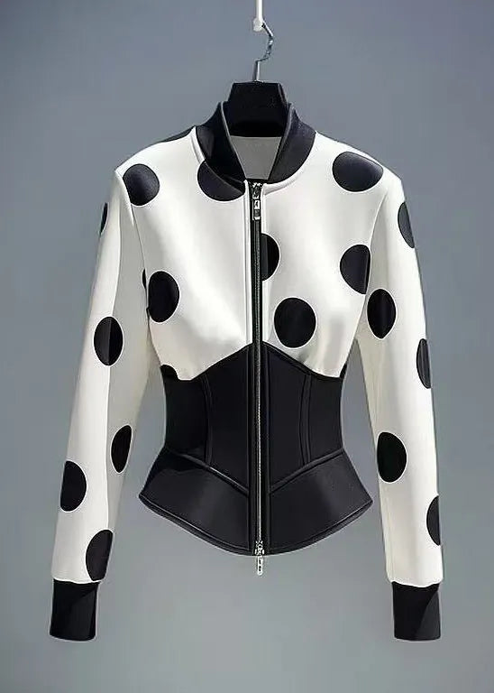 Slim Fit White Zip Up Dot Patchwork Cotton Coats Fall