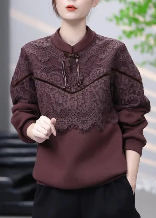 Brown Lace Patchwork Cotton Sweatshirt Winter