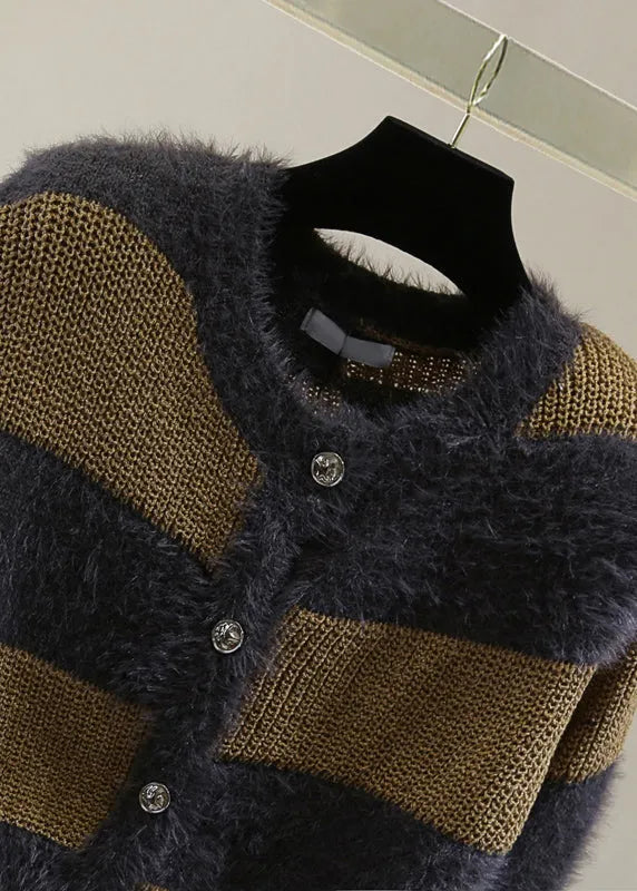 Unique Coffee O-neck Striped Hole Ma Hai Mao Cotton Knit Sweater Winter