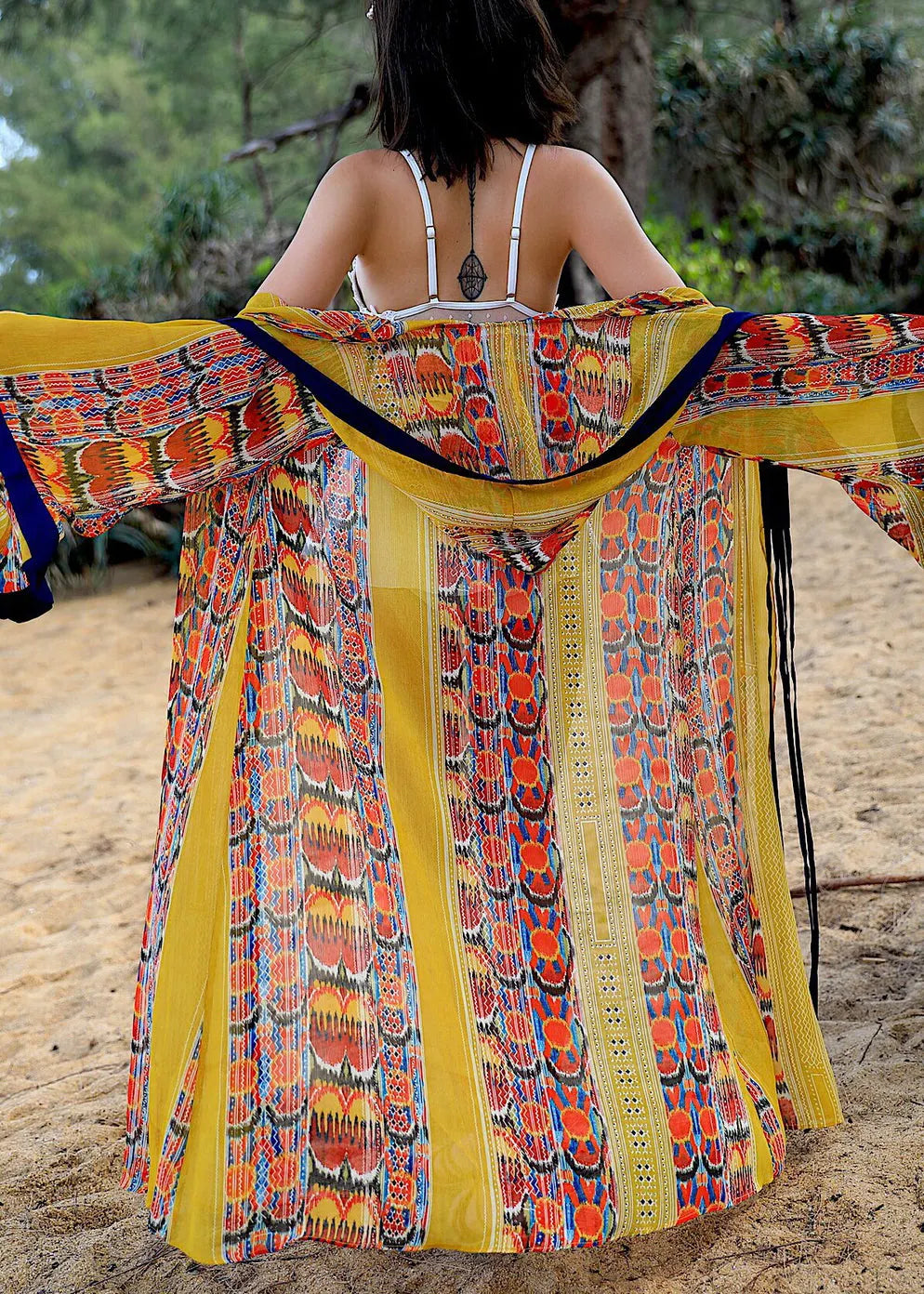 Yellow Hooded Print Chiffon Long Cardigan Flare Sleeve
