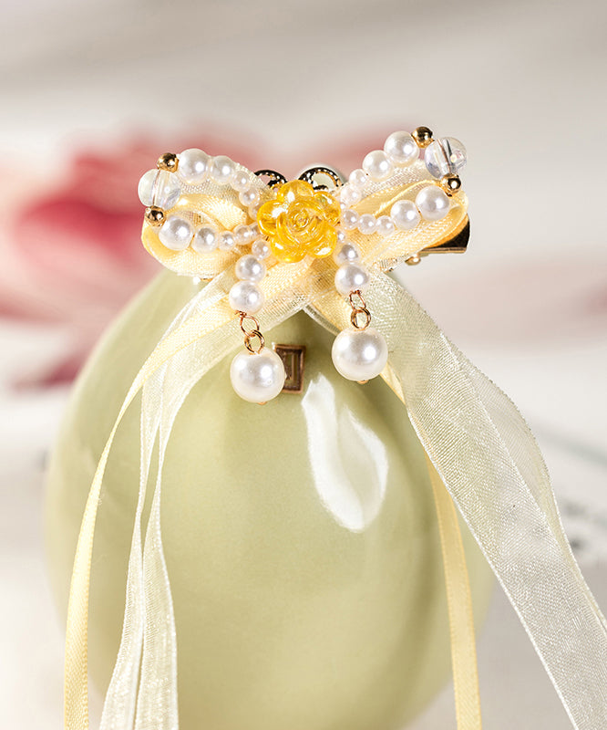 Yellow Copper Alloy Chiffon Pearl Colored Glaze Ribbon Kids Hairpin