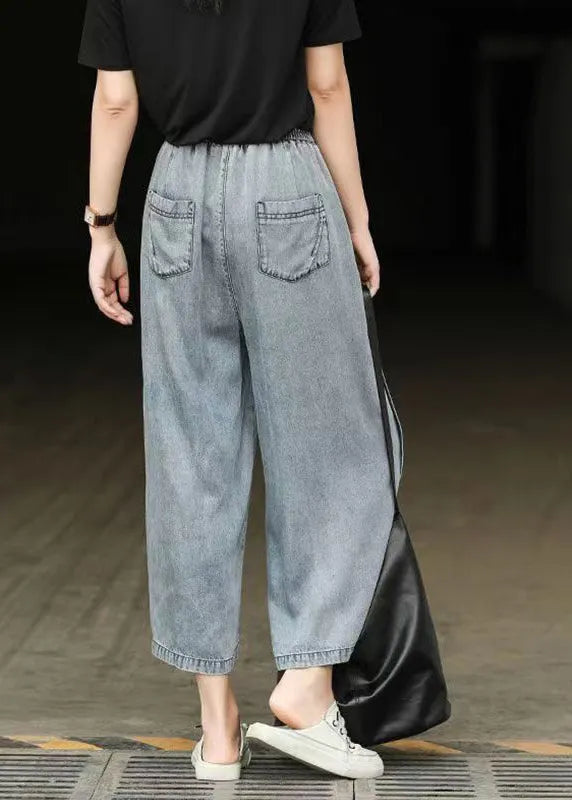 Light Blue Elastic Waist Side Open Denim Crop Pants Summer