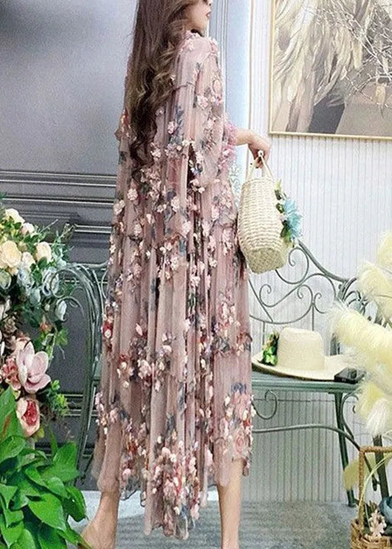 Modern Embroidered Ruffled Tulle Long Dress Lantern Sleeve