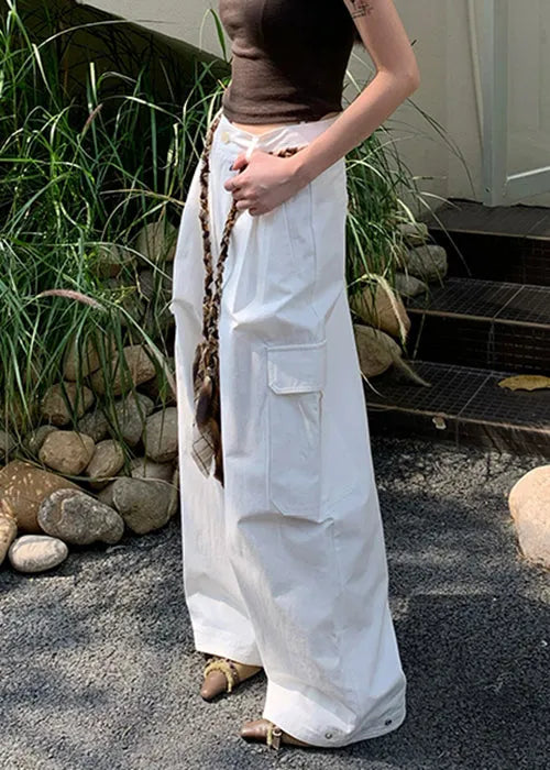 White Pockets High Waist Cotton Wide Leg Pants Fall