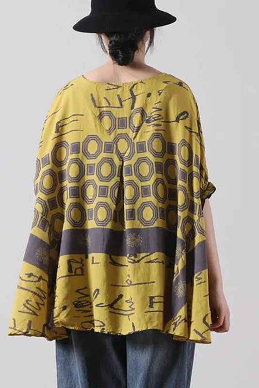 Stitching Print Split O Neck Loose T-shirt