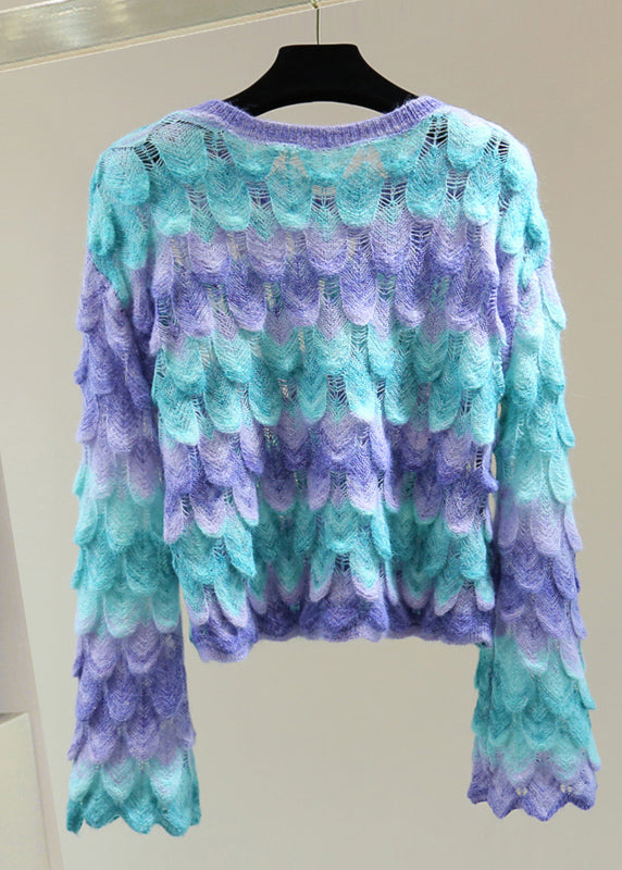 Blue O-neck Zippered Hollow Out Cotton Knit Sweater Flare Sleeve