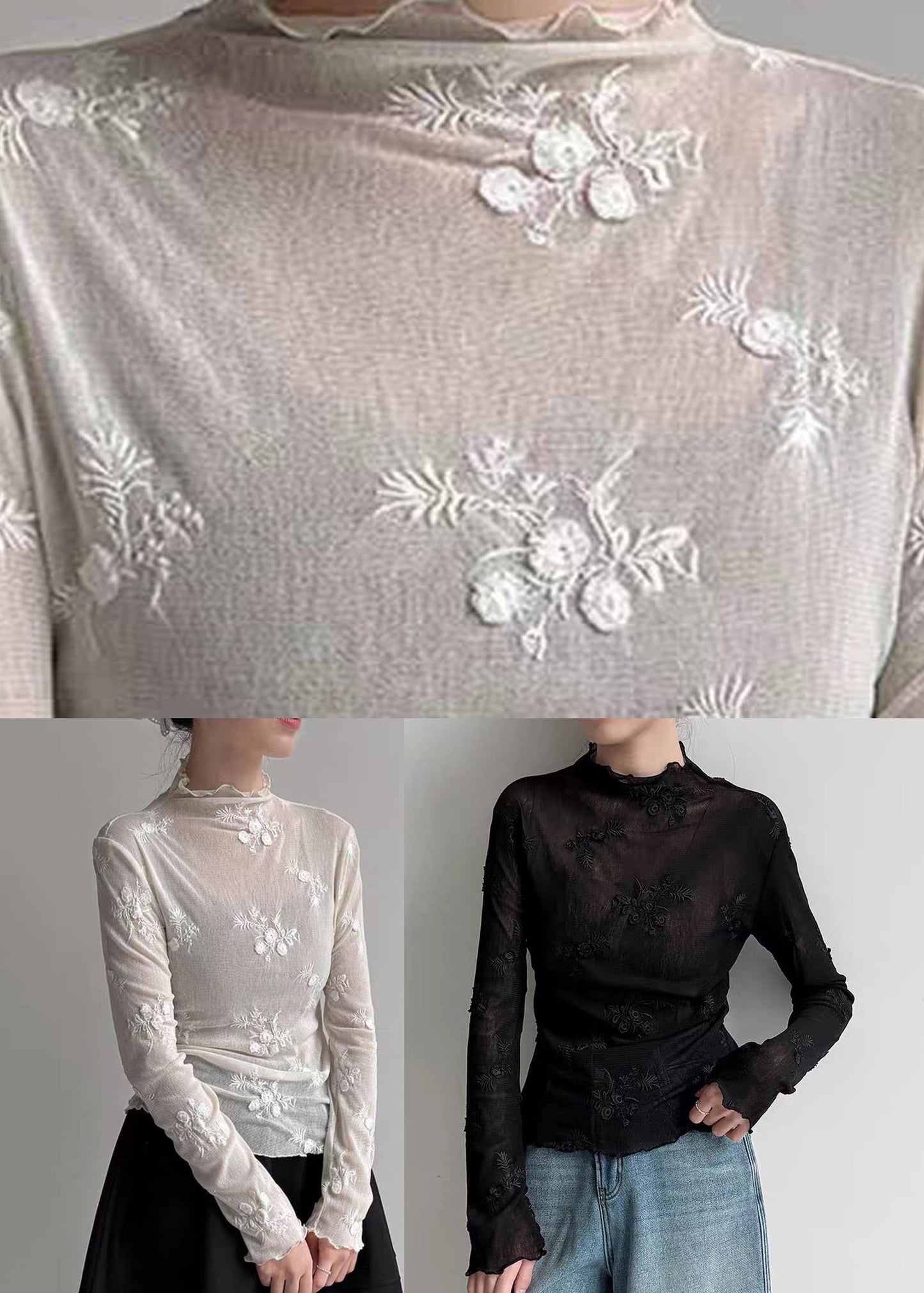 Light Grey Embroidered Tulle T Shirt Spring