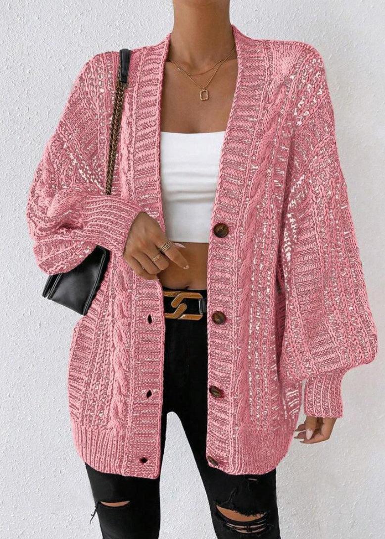 Black V Neck Button Loose Knit Cardigan Fall
