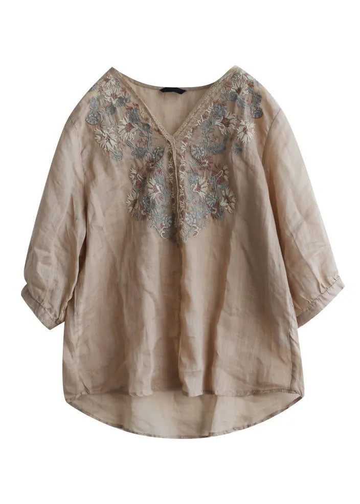 Khaki Embroidered Lace Patchwork Linen Shirt Top Half Sleeve