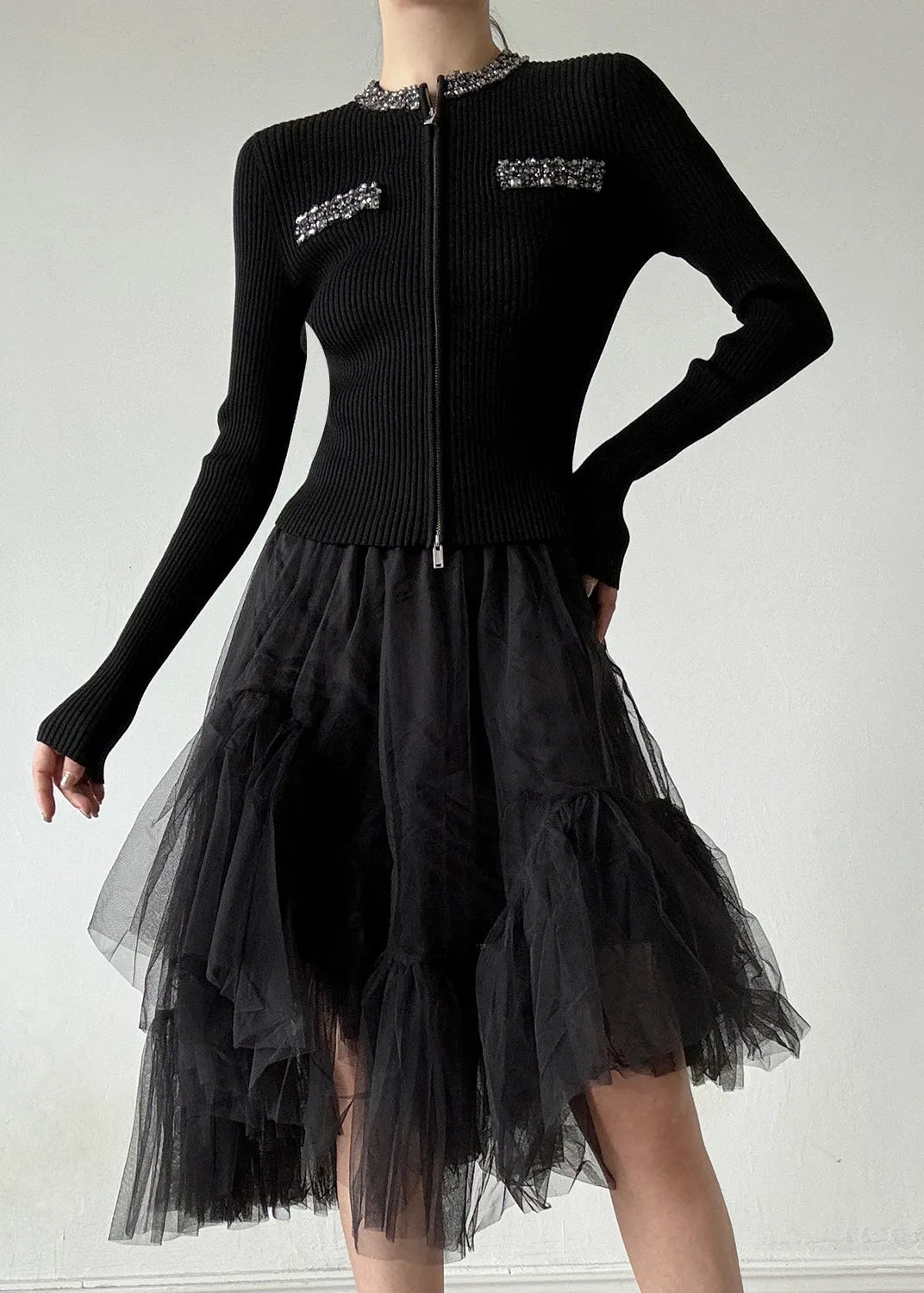 Stylish Black O-neck Zip Up Zircon Wool Cardigans Spring