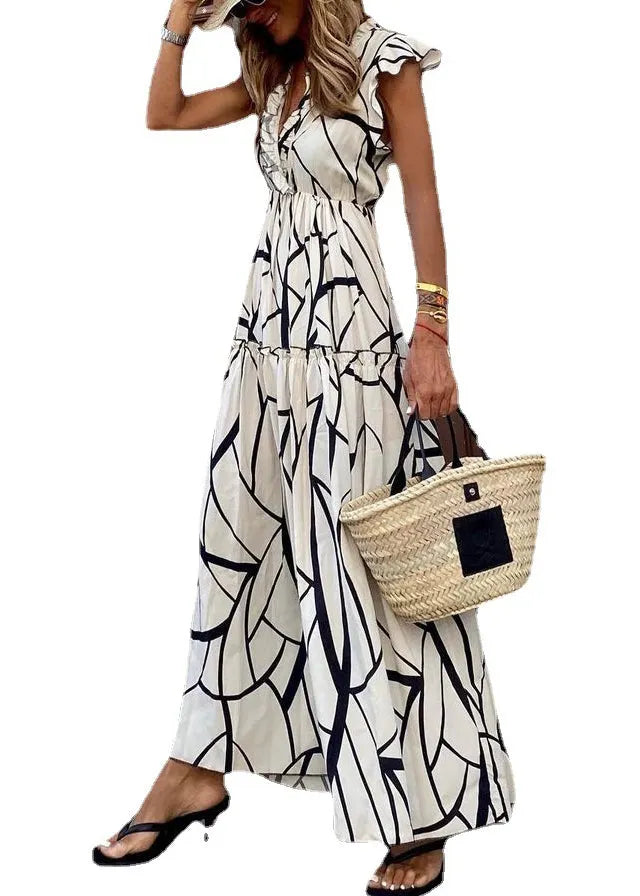 White Ruffled Print Cotton Long Dresses Summer