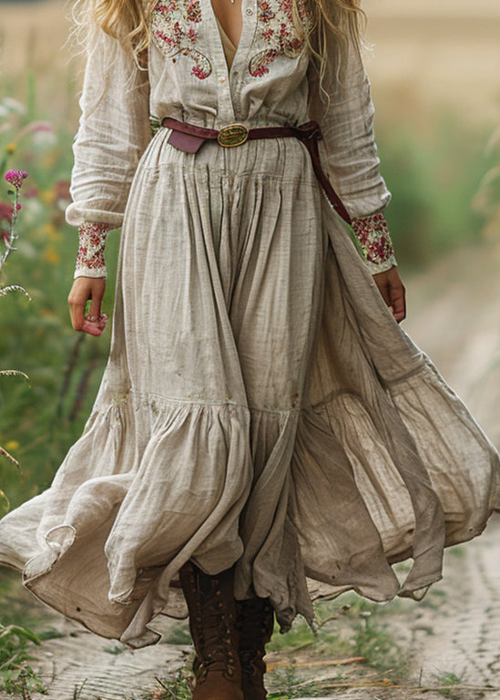 Beige V Neck Print Patchwork Cotton Long Dress Fall