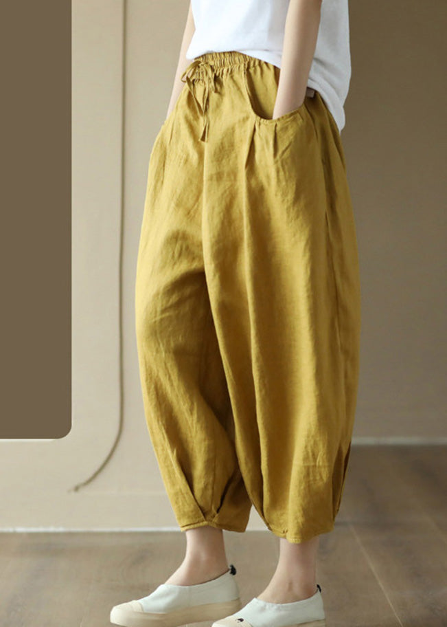 White Wrinkled Tie Waist Linen Lantern Pants Summer